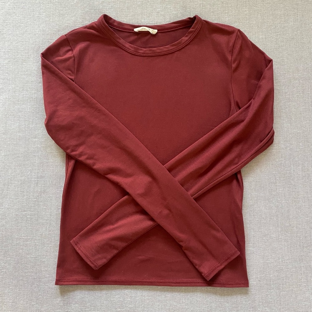 Olivia Rae Burgundy Stretchy Slinky Casual Basic Long Sleeve Tee